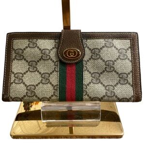 GUCCI- Authentic Vintage GG Sherry Line coated canvas & leather snap long wallet